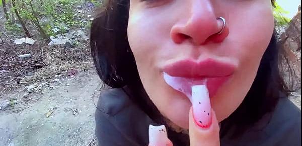 Sucking in public outdoors near people and getting hot sticky cum in her mouth